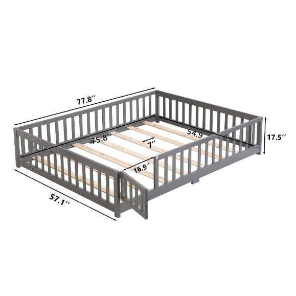 Full Size Floor Bed With Door,Solid Wood Platform Bed Frame With Fence,Suitable For Children,Pine Wood