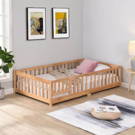 Full Size Floor Bed With Door,Solid Wood Platform Bed Frame With Fence,Suitable For Children,Pine Wood