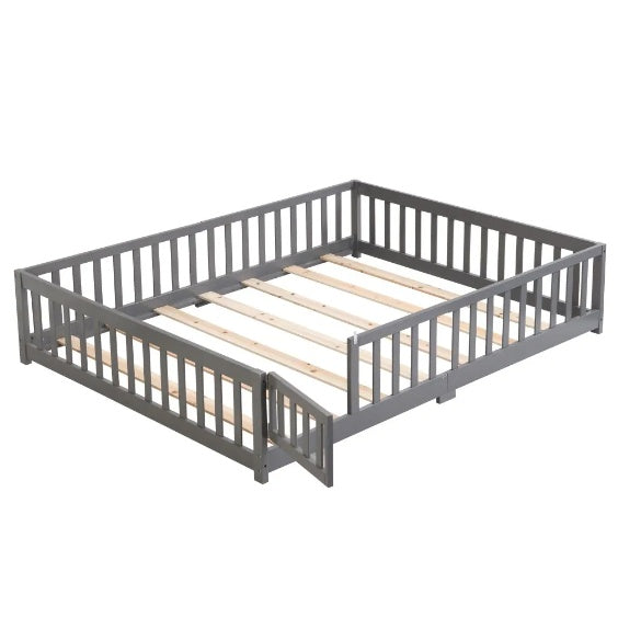 Full Size Floor Bed With Door,Solid Wood Platform Bed Frame With Fence,Suitable For Children,Pine Wood
