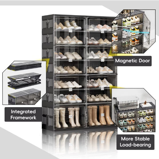 Dual-type Shoe Storage, Hard Plastic Stackable Shoe Box, Folding Shoe Rack With Magnetic Door