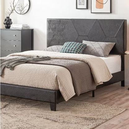 Queen-sized Upholstered Platform Bed Frame For Easy Assembly, Black, PU