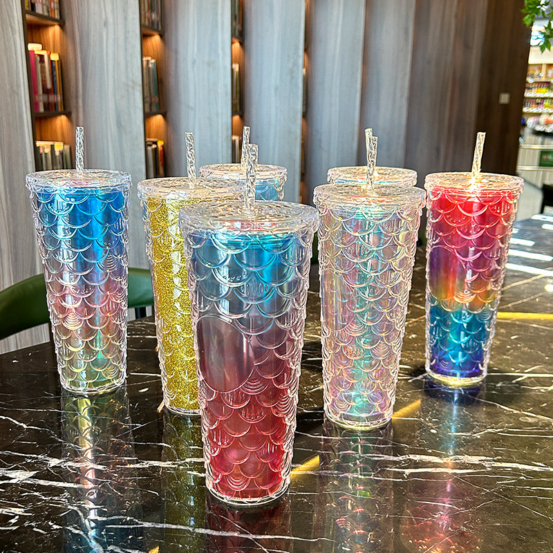 Large capacity, high appearance, colorful gradient double-layer creative internet celebrity new large fish scale cup