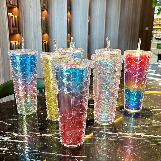 Large capacity, high appearance, colorful gradient double-layer creative internet celebrity new large fish scale cup