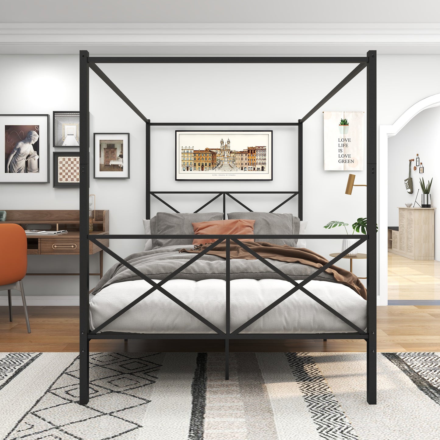 Quick Assembly Queen Sized Metal Canopy X Shaped Platform Bed Frame- Black_4