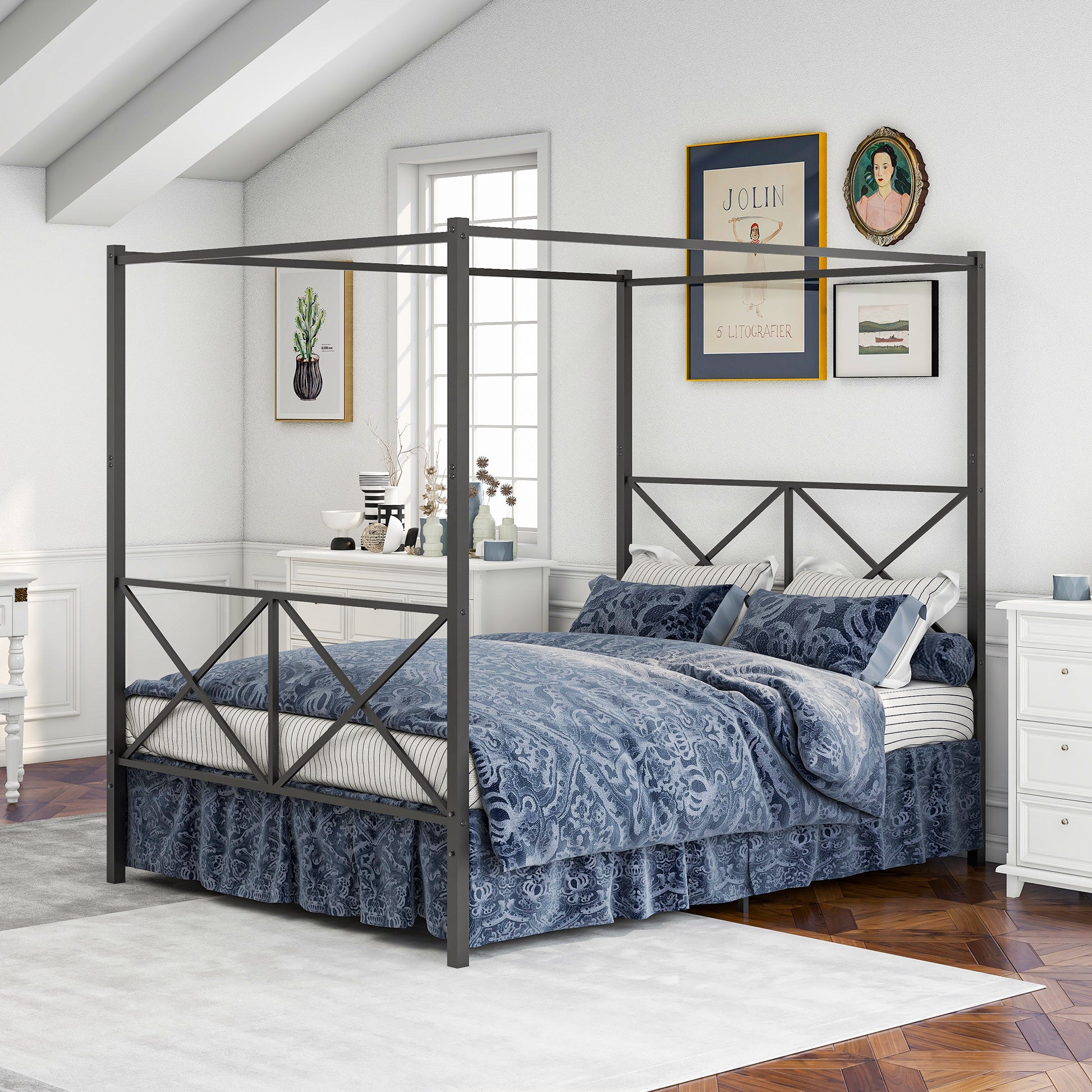 Quick Assembly Queen Sized Metal Canopy X Shaped Platform Bed Frame- Black_2