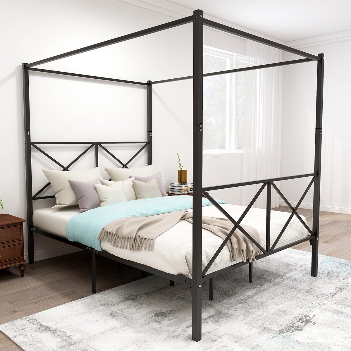 Quick Assembly Queen Sized Metal Canopy X Shaped Platform Bed Frame- Black_3