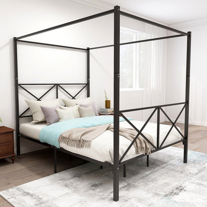 Quick Assembly Queen Sized Metal Canopy X Shaped Platform Bed Frame- Black_3