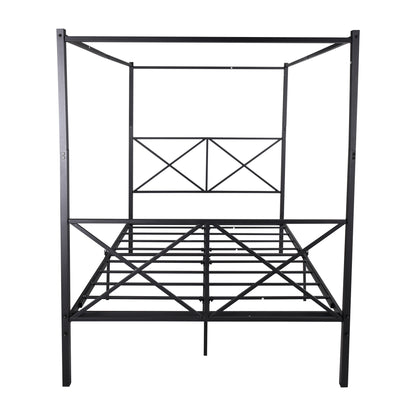 Quick Assembly Queen Sized Metal Canopy X Shaped Platform Bed Frame- Black_7