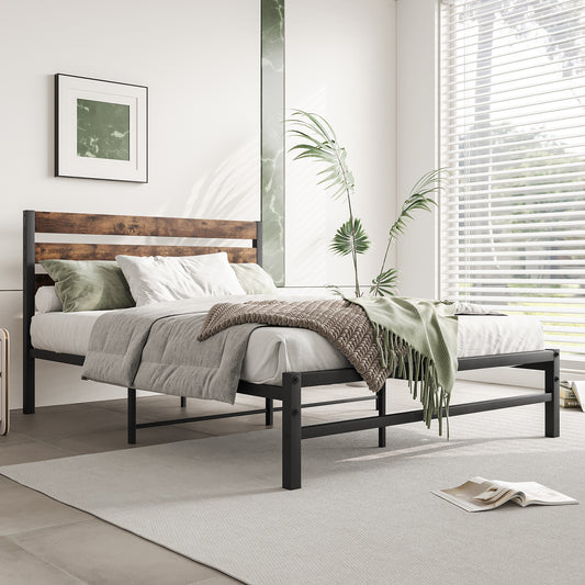 Full-Sized Platform Bedframe with Slats and Rustic Wooden Head Board_0