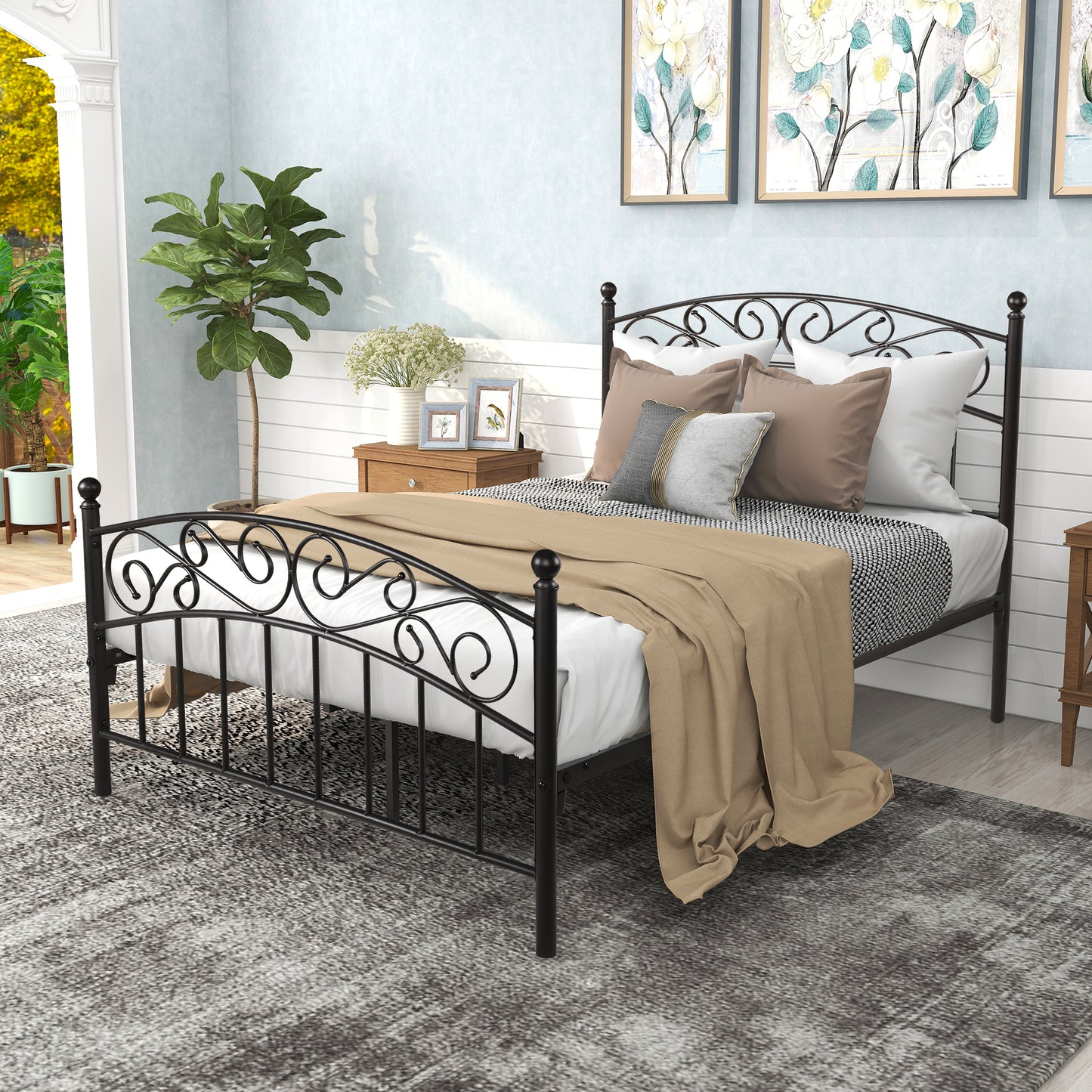 Quick Assembly Heavy Duty Platform Bedframe with Vintage Head and Footboard_1