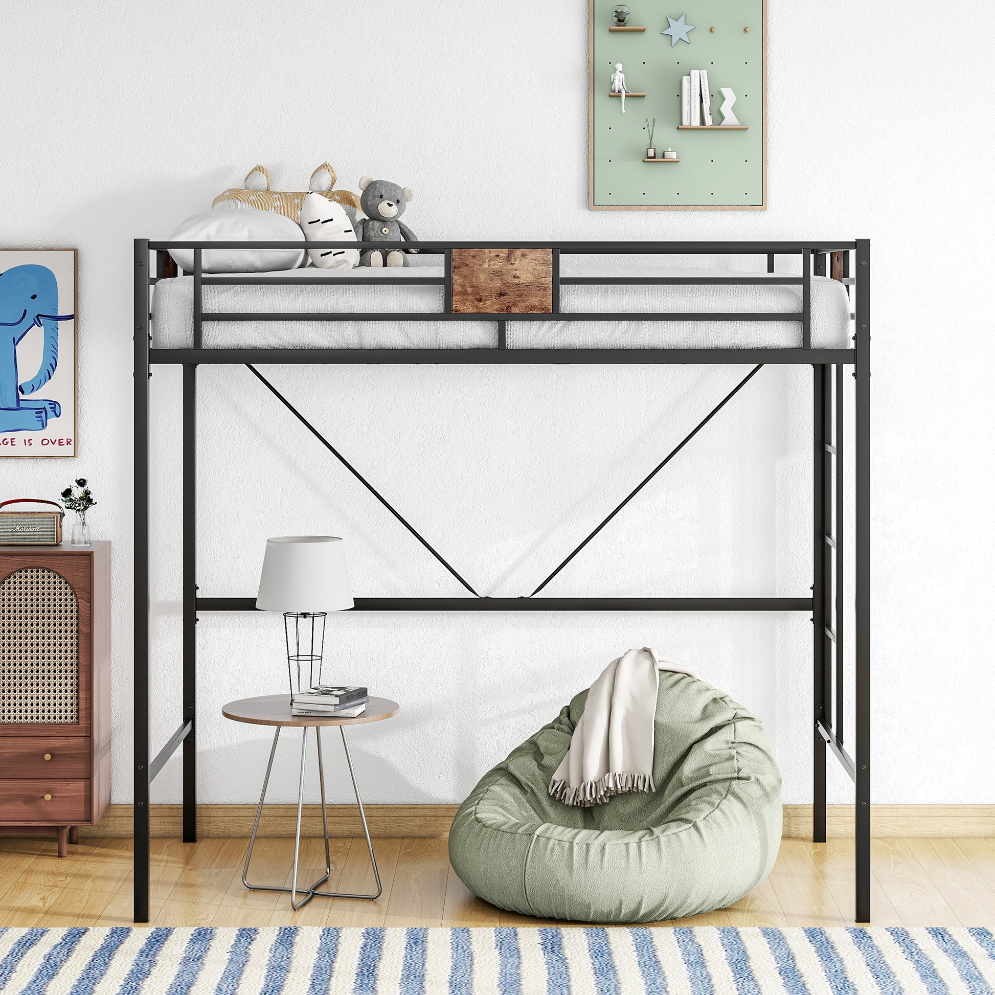 Easy Assembly Twin Sized Full Metal Loft Bedframe with Stairs and Rail_0
