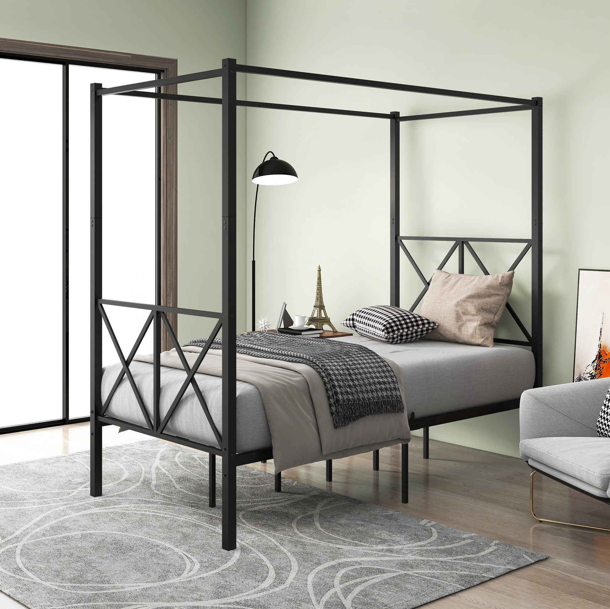 X Shaped Twin-Sized Full Metal Canopy Style Platform Bed Frame- Black_2