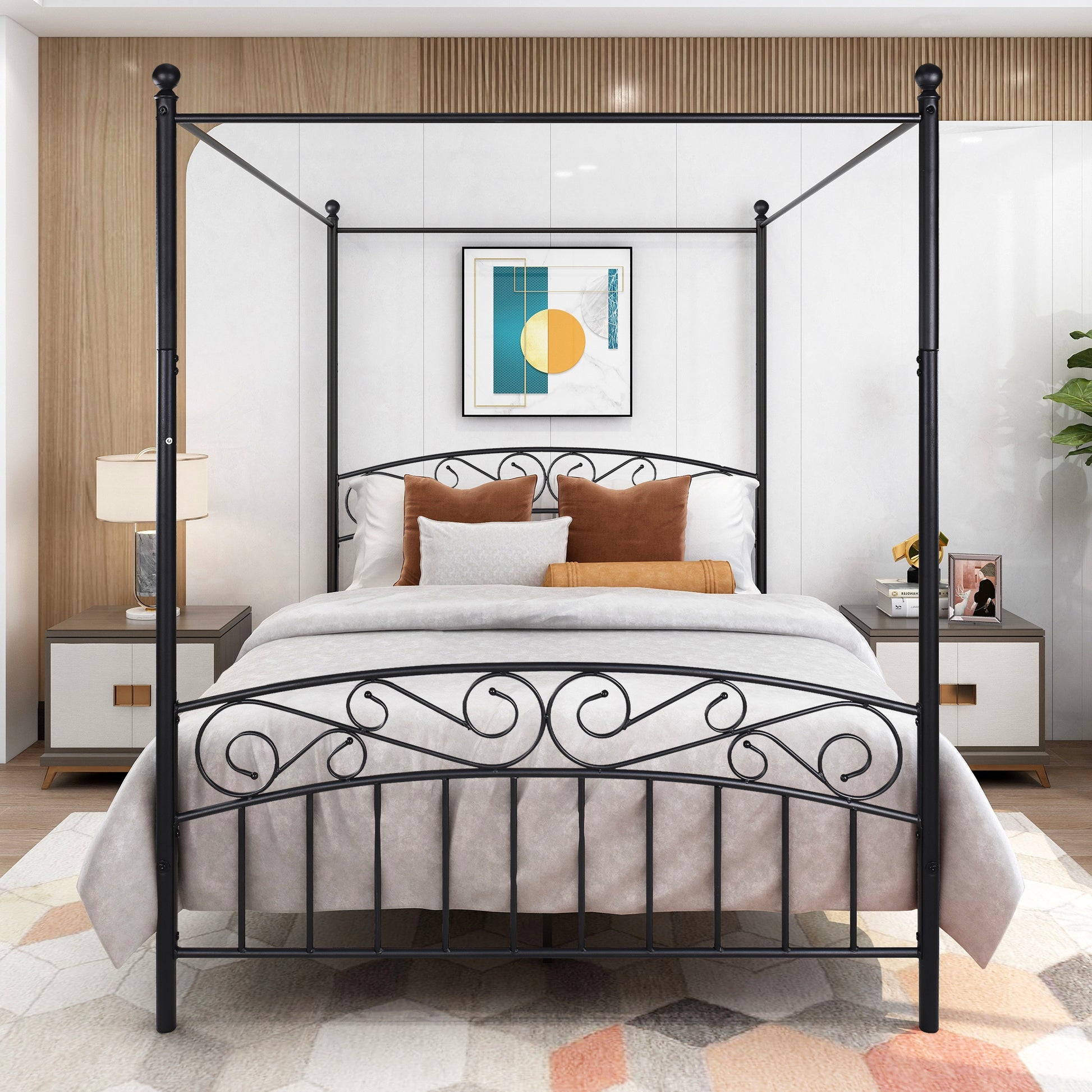 Queen Size Metal Canopy Bed Frame with Headboard and Footboard Black_2