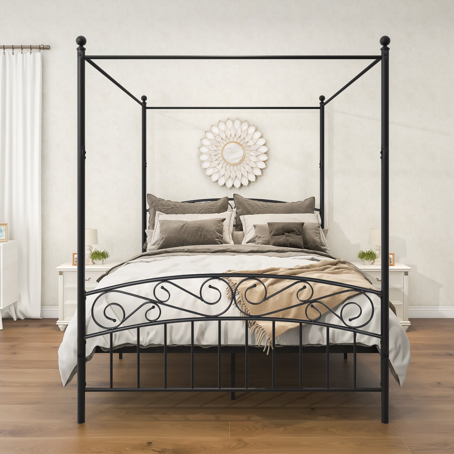 Queen Size Metal Canopy Bed Frame with Headboard and Footboard Black_0