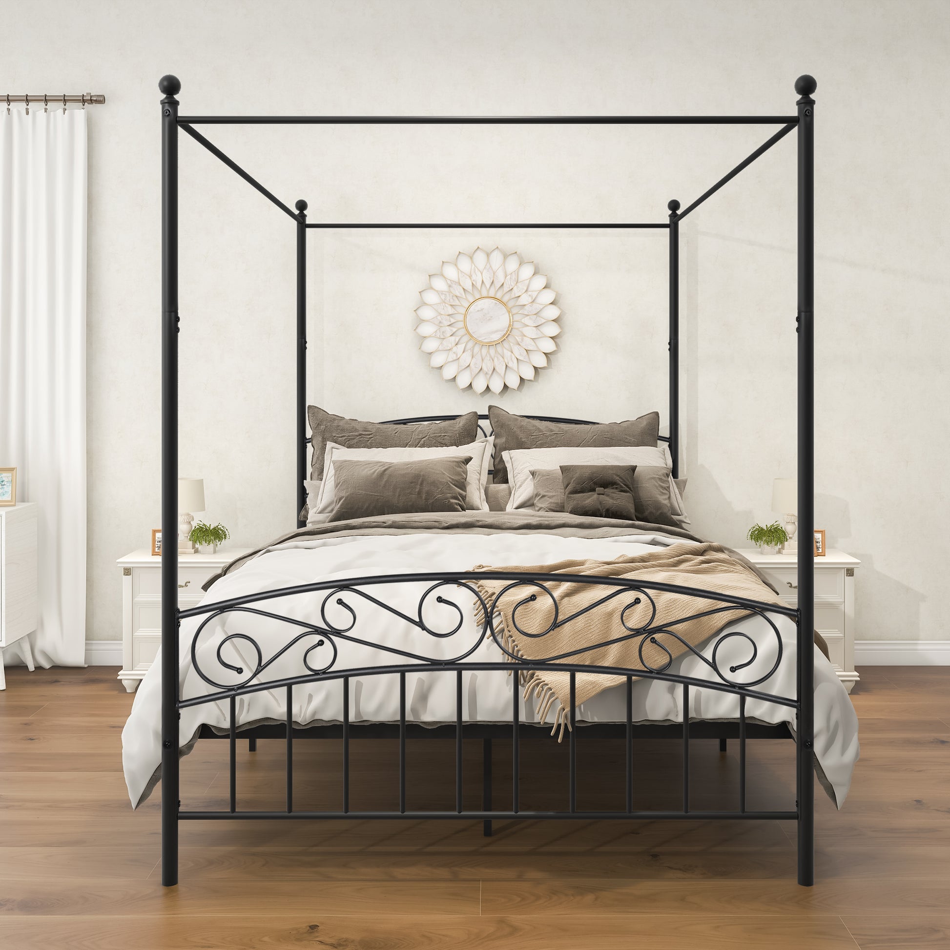 Queen Size Metal Canopy Bed Frame with Headboard and Footboard Black_0