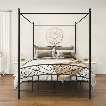 Queen Size Metal Canopy Bed Frame with Headboard and Footboard Black_0