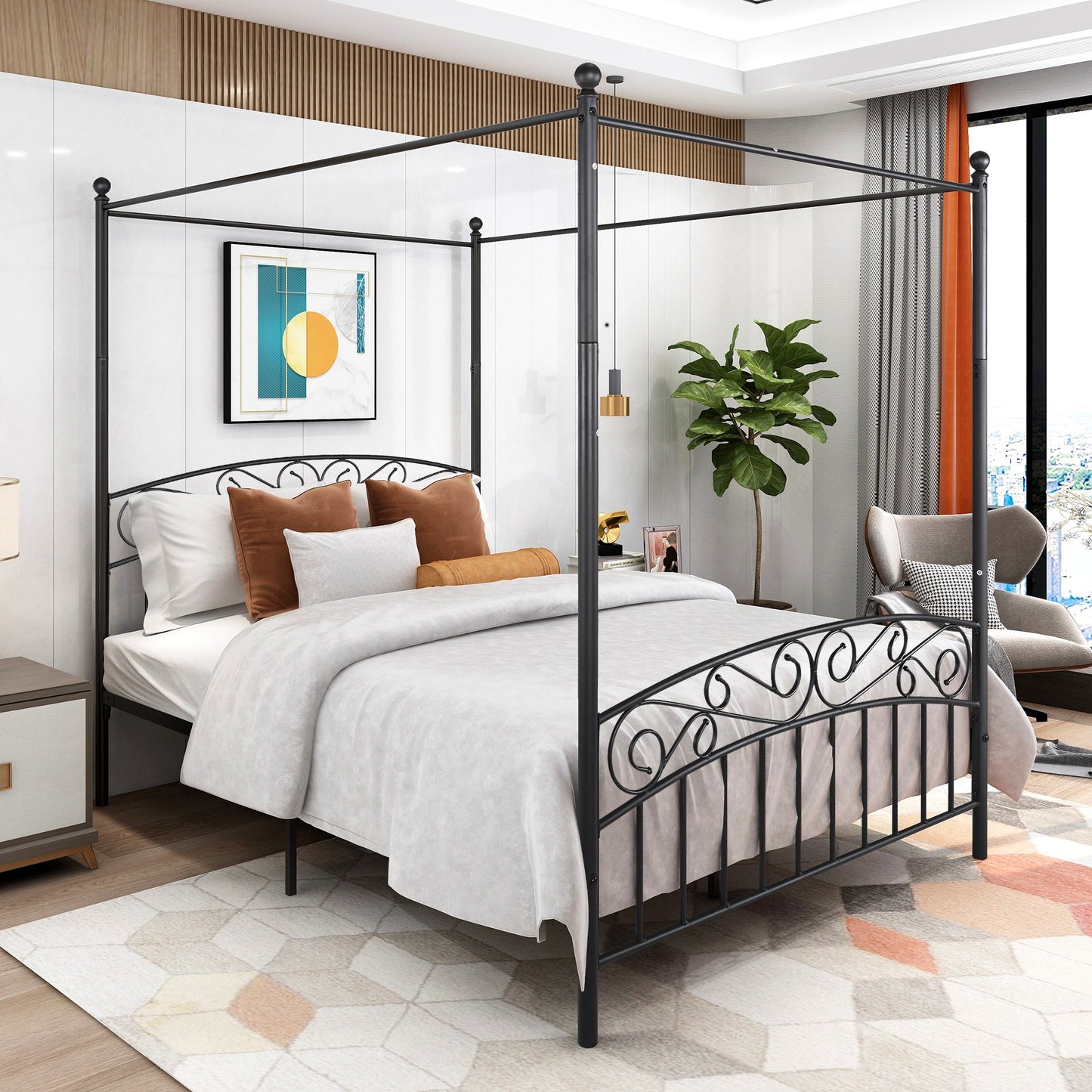 Queen Size Metal Canopy Bed Frame with Headboard and Footboard Black_3