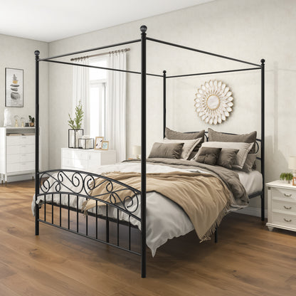Queen Size Metal Canopy Bed Frame with Headboard and Footboard Black_1