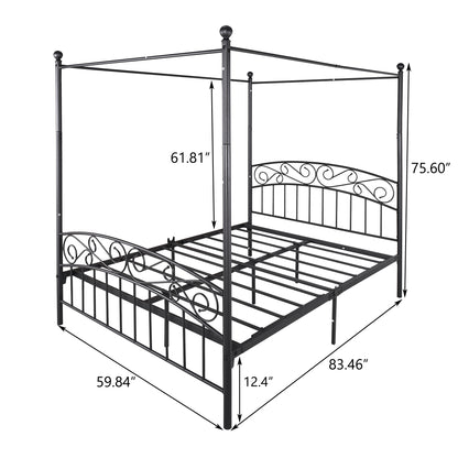 Queen Size Metal Canopy Bed Frame with Headboard and Footboard Black_6