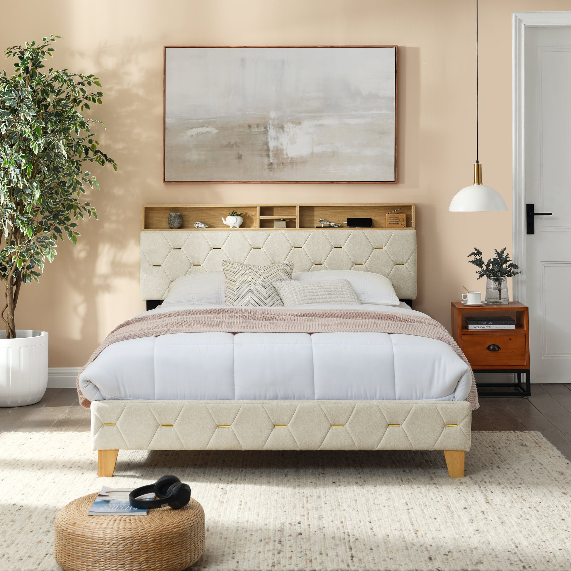 12 Slats Queen-Sized Heavy-Duty Platform Bedframe with Upholstered Headboard_2