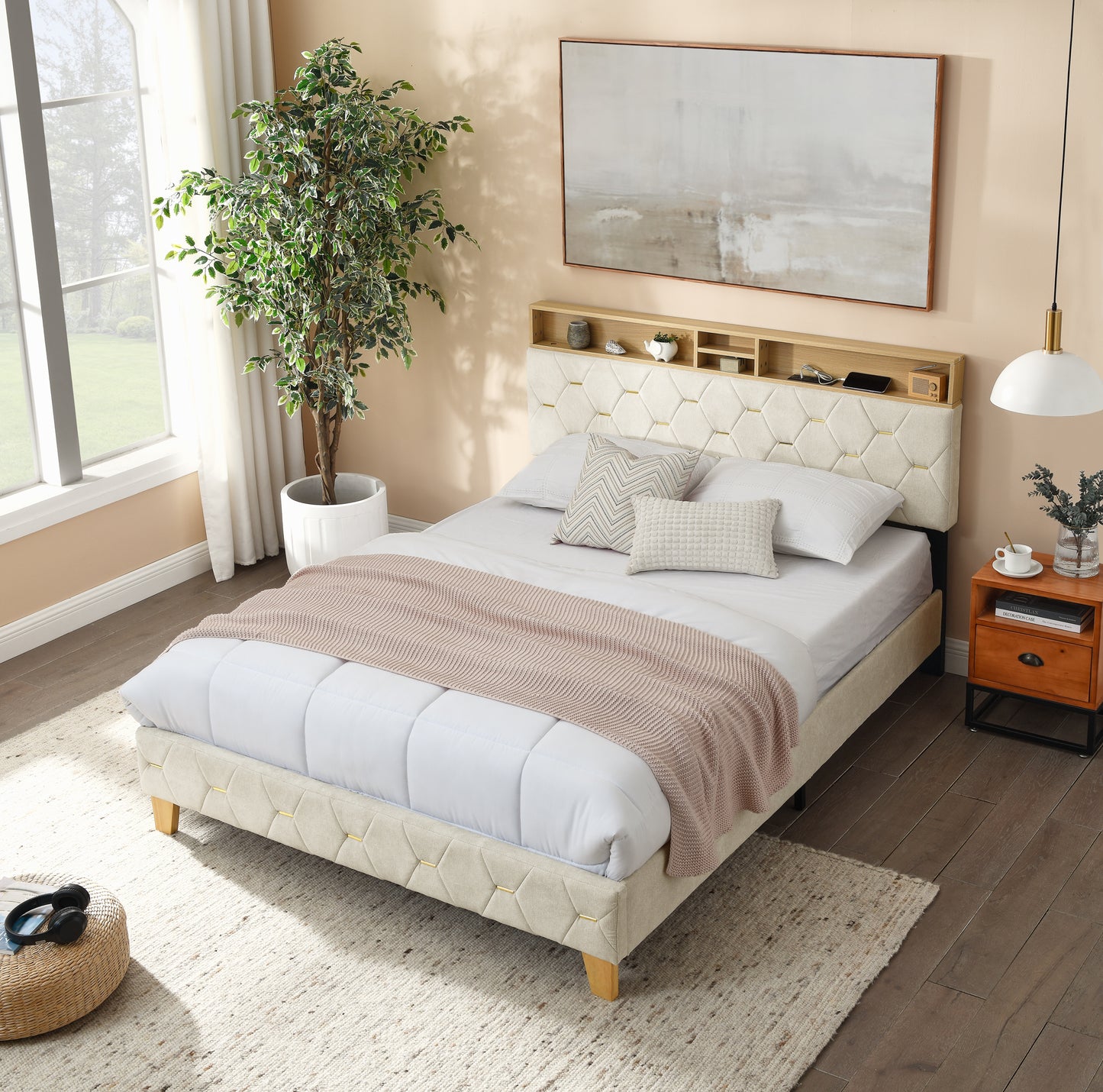 12 Slats Queen-Sized Heavy-Duty Platform Bedframe with Upholstered Headboard_1