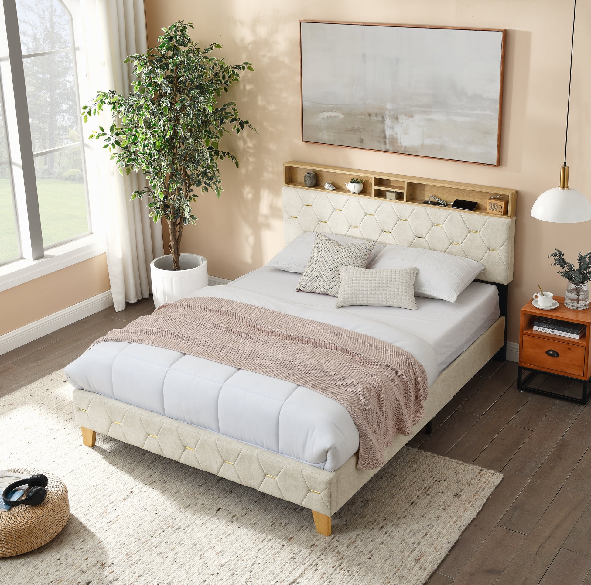 12 Slats Queen-Sized Heavy-Duty Platform Bedframe with Upholstered Headboard_1