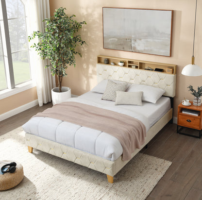 12 Slats Queen-Sized Heavy-Duty Platform Bedframe with Upholstered Headboard_1