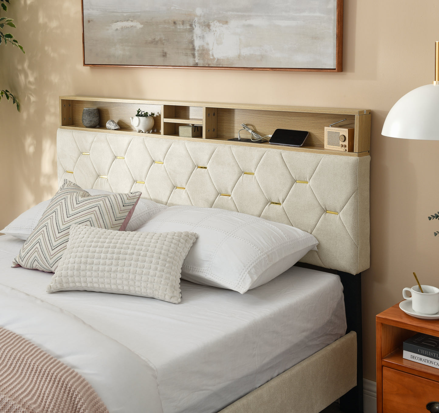 12 Slats Queen-Sized Heavy-Duty Platform Bedframe with Upholstered Headboard_3