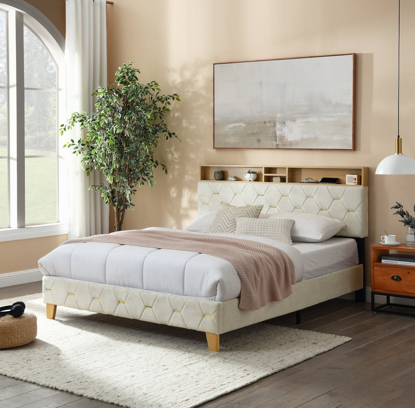 12 Slats Queen-Sized Heavy-Duty Platform Bedframe with Upholstered Headboard_0