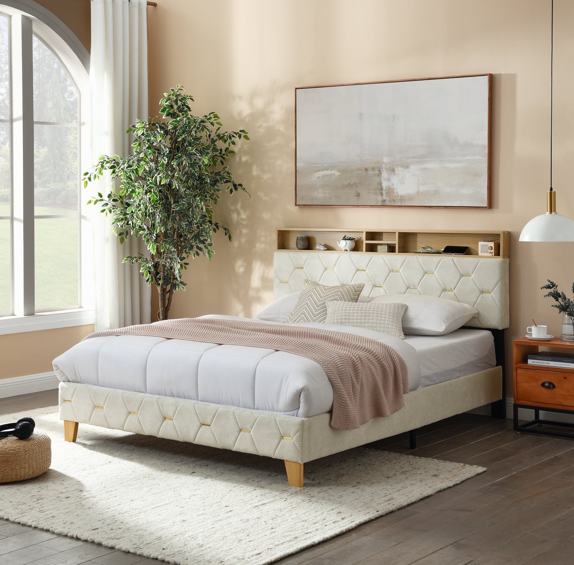 12 Slats Queen-Sized Heavy-Duty Platform Bedframe with Upholstered Headboard_0