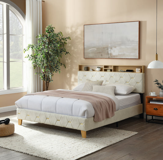 12 Slats Queen-Sized Heavy-Duty Platform Bedframe with Upholstered Headboard_0