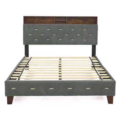 Full-Sized Heavy-Duty Platform Bedframe with Upholstered Headboard- Grey_9