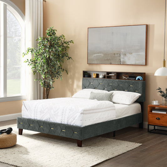 Full-Sized Heavy-Duty Platform Bedframe with Upholstered Headboard- Grey_0