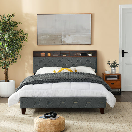12 Slats Queen-Sized Heavy-Duty Platform Bedframe with Upholstered Headboard- Grey_0
