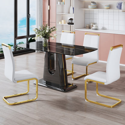 Rectangular Marble Designed Table and Gold Plated Dining Chair Set- 4 Seater_2