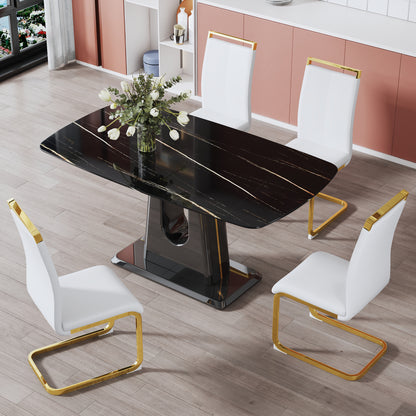 Rectangular Marble Designed Table and Gold Plated Dining Chair Set- 4 Seater_1