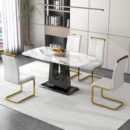 Rectangular Marble Designed Table and Gold Plated White Dining Chair Set- 4 Seater_1