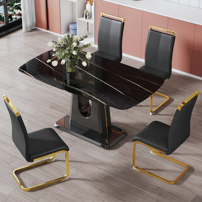 Rectangular Marble Designed Table and Gold Plated Dining Chair Set- 4 Seater, Black_1