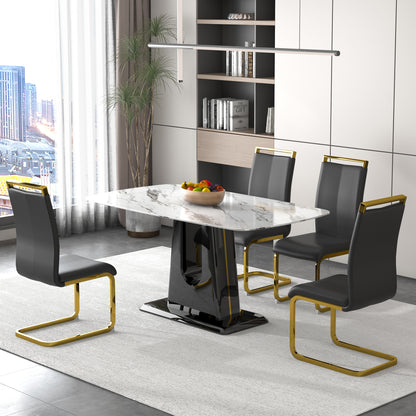 Rectangular Marble Designed Table and Gold Plated Dining Chair Set- 4 Seater, White+Black_1