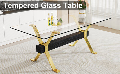 Modern Luxury Tempered Glass Table and Gold Plated Dining Chair Set- 8 Seater, Black_8