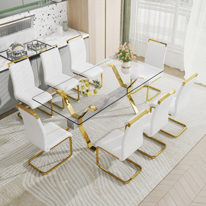 Modern Luxury Tempered Glass Table and Gold Plated Dining Chair Set- 8 Seater, White_1