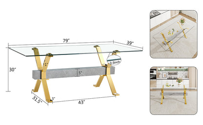 Modern Luxury Tempered Glass Table and Gold Plated Dining Chair Set- 6 Seater, Gray+White_15