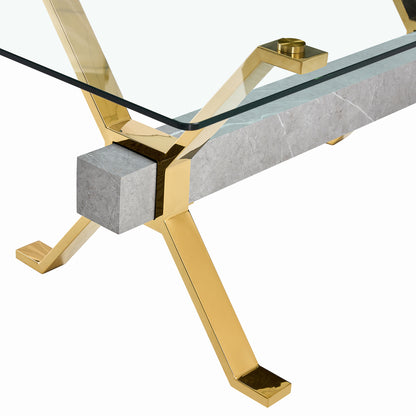 Modern Luxury Tempered Glass Table and Gold Plated Dining Chair Set- 6 Seater, Gray+White_3