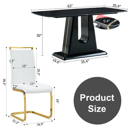 Rectangular Faux Marble Designed Table and Gold Plated Dining Chair Set- 6 Seater, Black+White_5