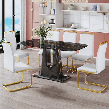 Rectangular Faux Marble Designed Table and Gold Plated Dining Chair Set- 6 Seater, Black+White_2