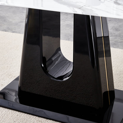 Rectangular Marble Designed Table and Gold Plated Dining Chair Set- 6 Seater, White+Black_3