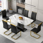 Rectangular Marble Designed Table and Gold Plated Dining Chair Set- 6 Seater, White+Black_0