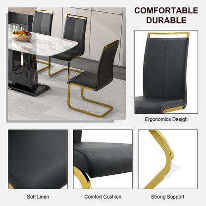 Rectangular Marble Designed Table and Gold Plated Dining Chair Set- 6 Seater, White+Black_11