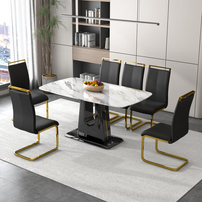 Rectangular Marble Designed Table and Gold Plated Dining Chair Set- 6 Seater, White+Black_1