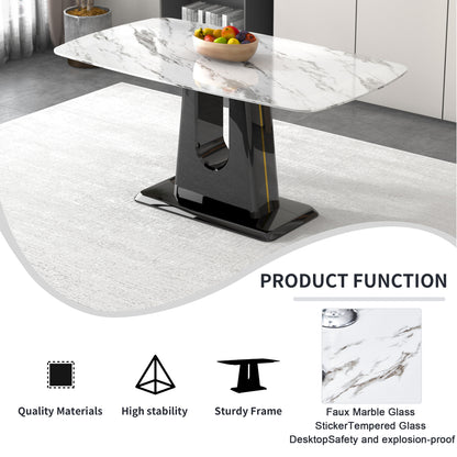 Rectangular Marble Designed Table and Gold Plated Dining Chair Set- 6 Seater, White+Black_10